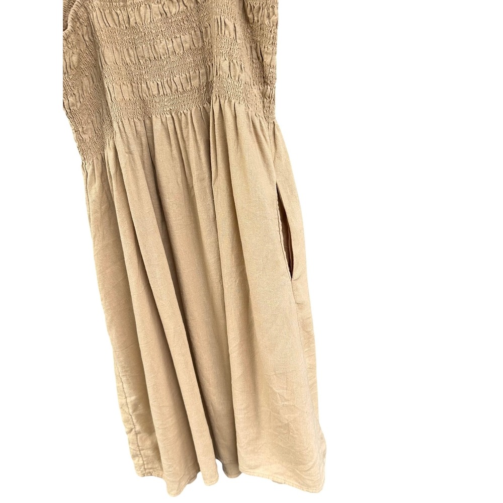 Universal Thread Tan Linen Blend Smocked Mini Sun Dress Pockets Womens Small - Picture 4 of 8
